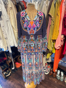 Johnny Was Purple & orange cotton & viscose flora Long sleeve plunge neck Dress, Size S
