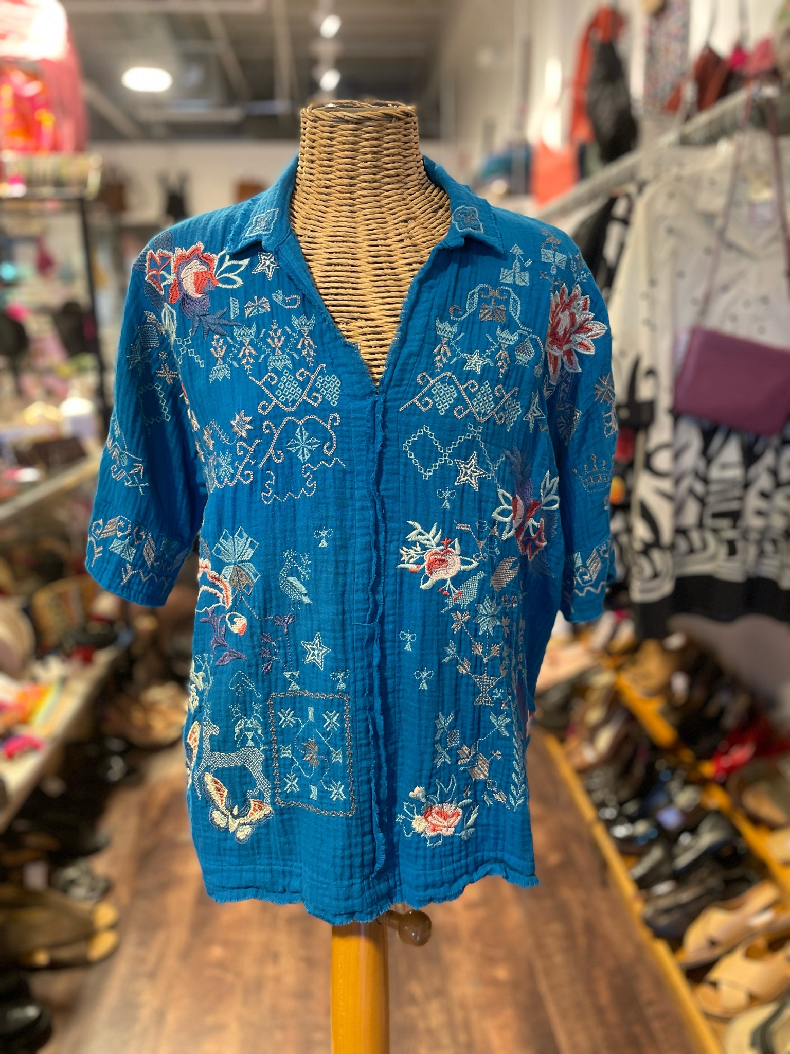 Biya blue, white, red cotton & poly floral embroidery raw hem Top, Size S
