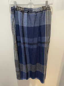 Hannoh Wessel Blue Linen Plaid pleat drawstring Skirt, Size 36