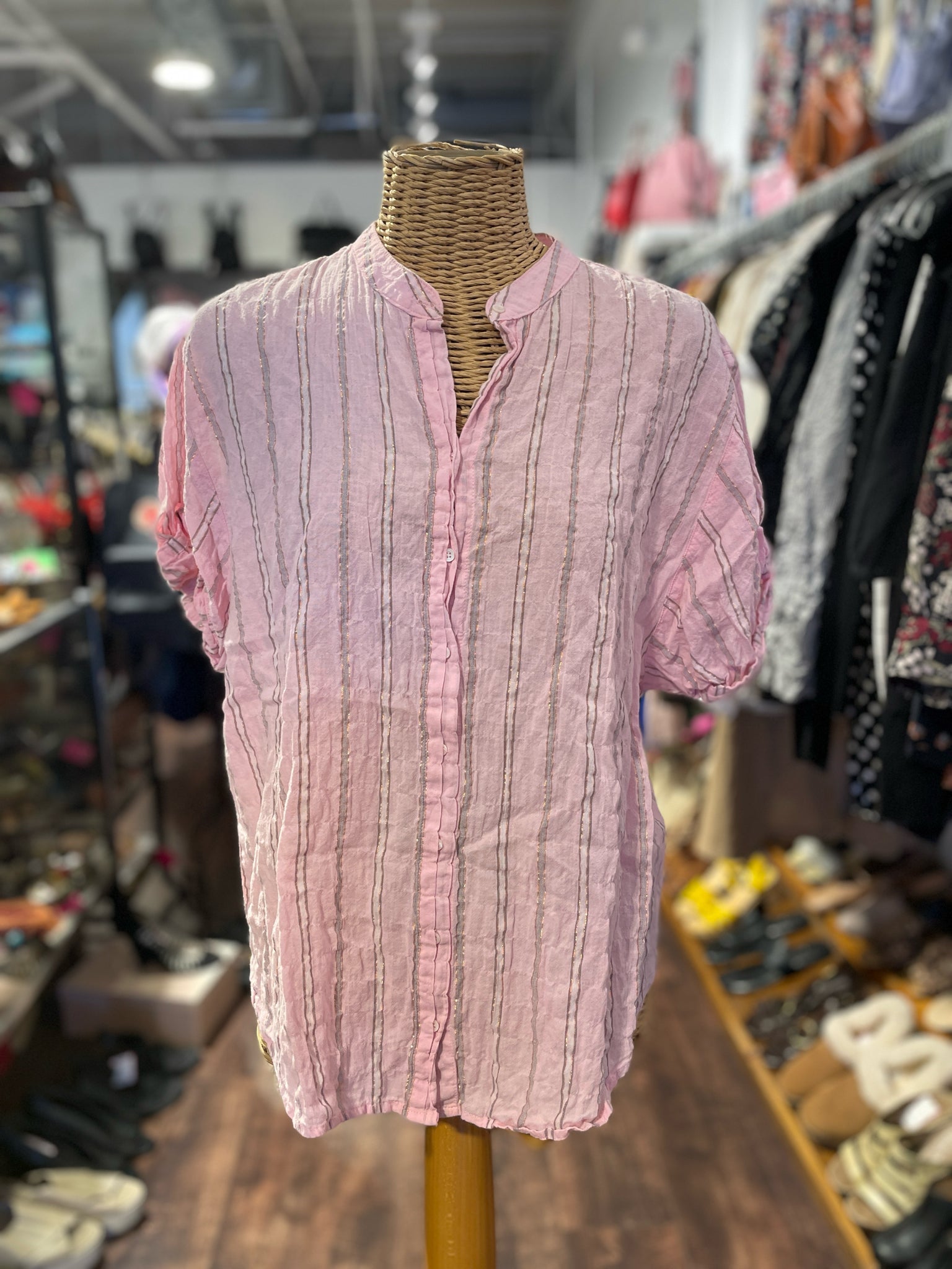 XIRENA Pink Print Cotton Stripe Metallic Button Up Top, Size S