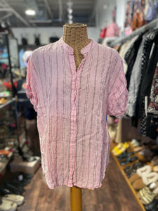XIRENA Pink Print Cotton Stripe Metallic Button Up Top, Size S