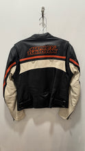 Load image into Gallery viewer, Harley Davidson Black &amp; Orange Leather Stripe perforated Zip Front Jacket, Size L
