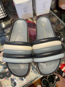 Tory Burch Blue & White Leather Slide Cork Sole Sandal, Size 8
