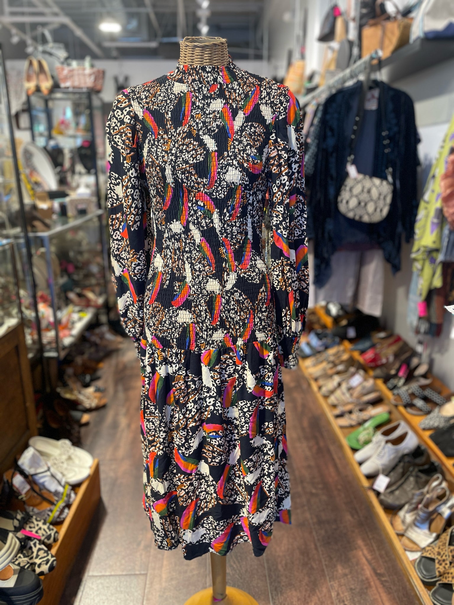FARM Rio black & multi Viscose Leopard NWT! Dress, Size S