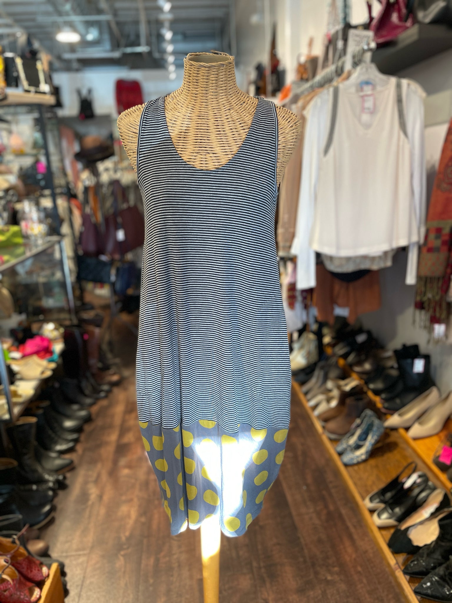 Alembika Grey and black Viscose striped Sleeveless Dress, Size 1=Small