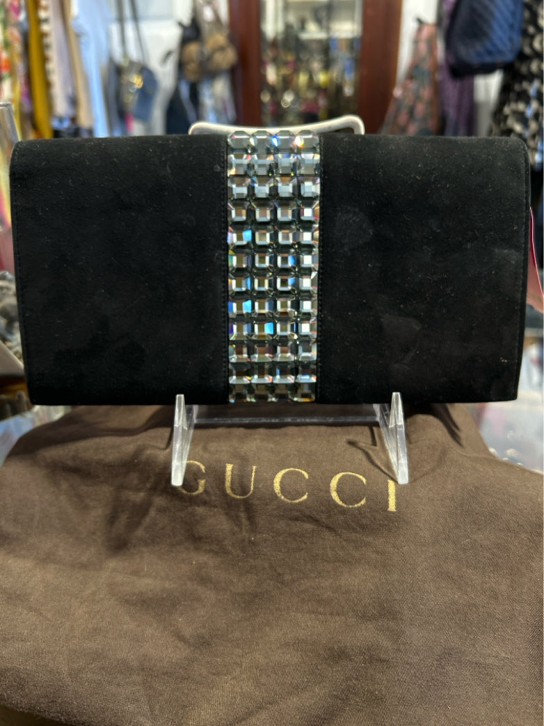GUCCI Black Nubuck Swarovski Crystal Clutch, Duster Incl.