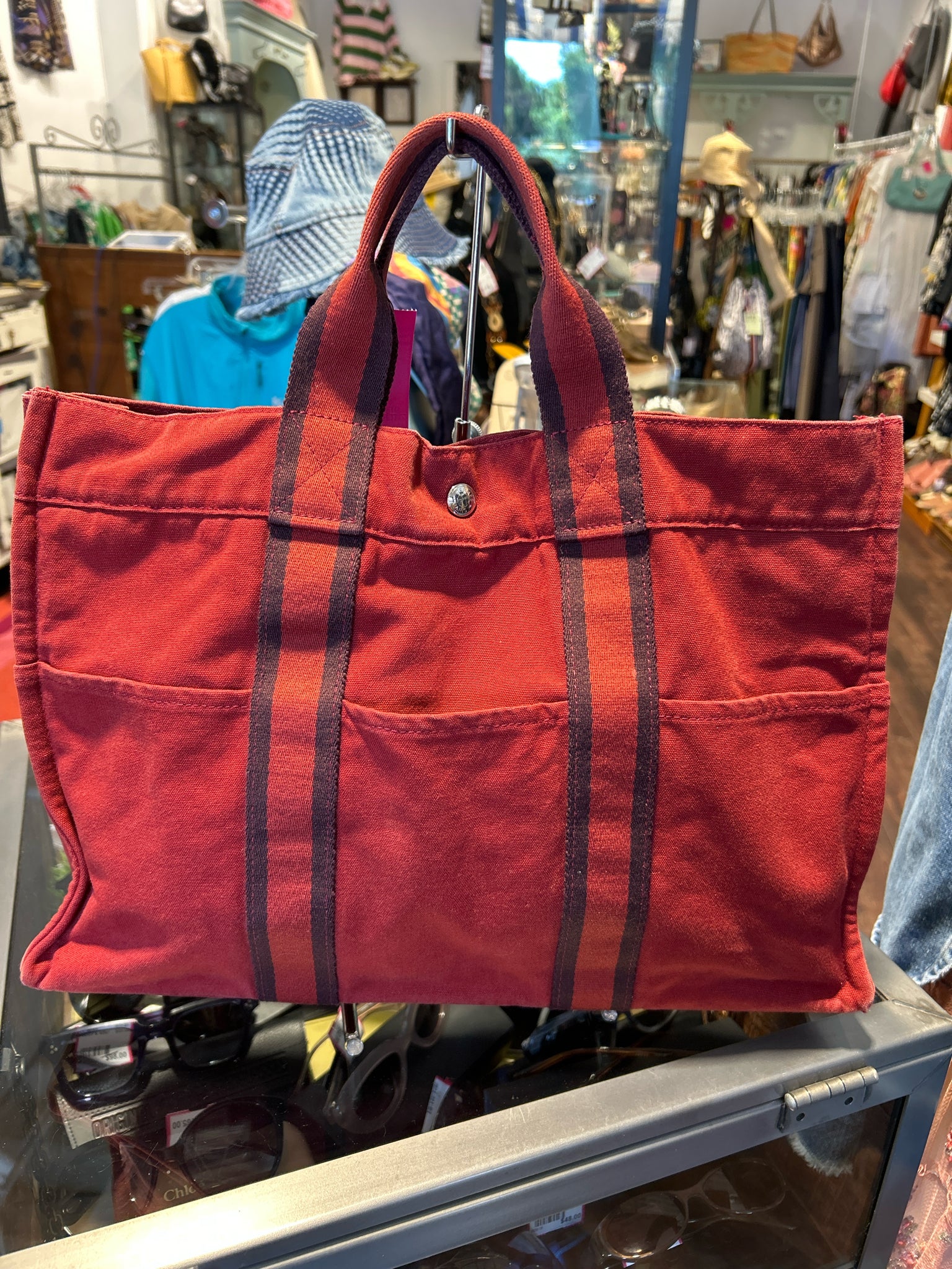 Hermes Brick Red Canvas Stripe short handles Tote