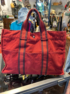 Hermes Brick Red Canvas Stripe short handles Tote