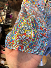 Load image into Gallery viewer, Nicoblu blue, yellow, red Poly Print waist tie Dress, Size M
