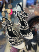 Load image into Gallery viewer, Karl Lagerfeld white and black tweed w/clear heel Peep Toe, Size 8.5
