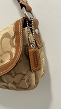 Load image into Gallery viewer, Coach tan &amp; brown Leather &amp; Canvas Logo Size Small hand bag Purse
