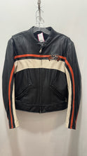 Load image into Gallery viewer, Harley Davidson Black &amp; Orange Leather Stripe perforated Zip Front Jacket, Size L

