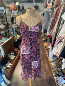 Betsey Johnson Pink & Black Poly rose hearts Vintage Dress