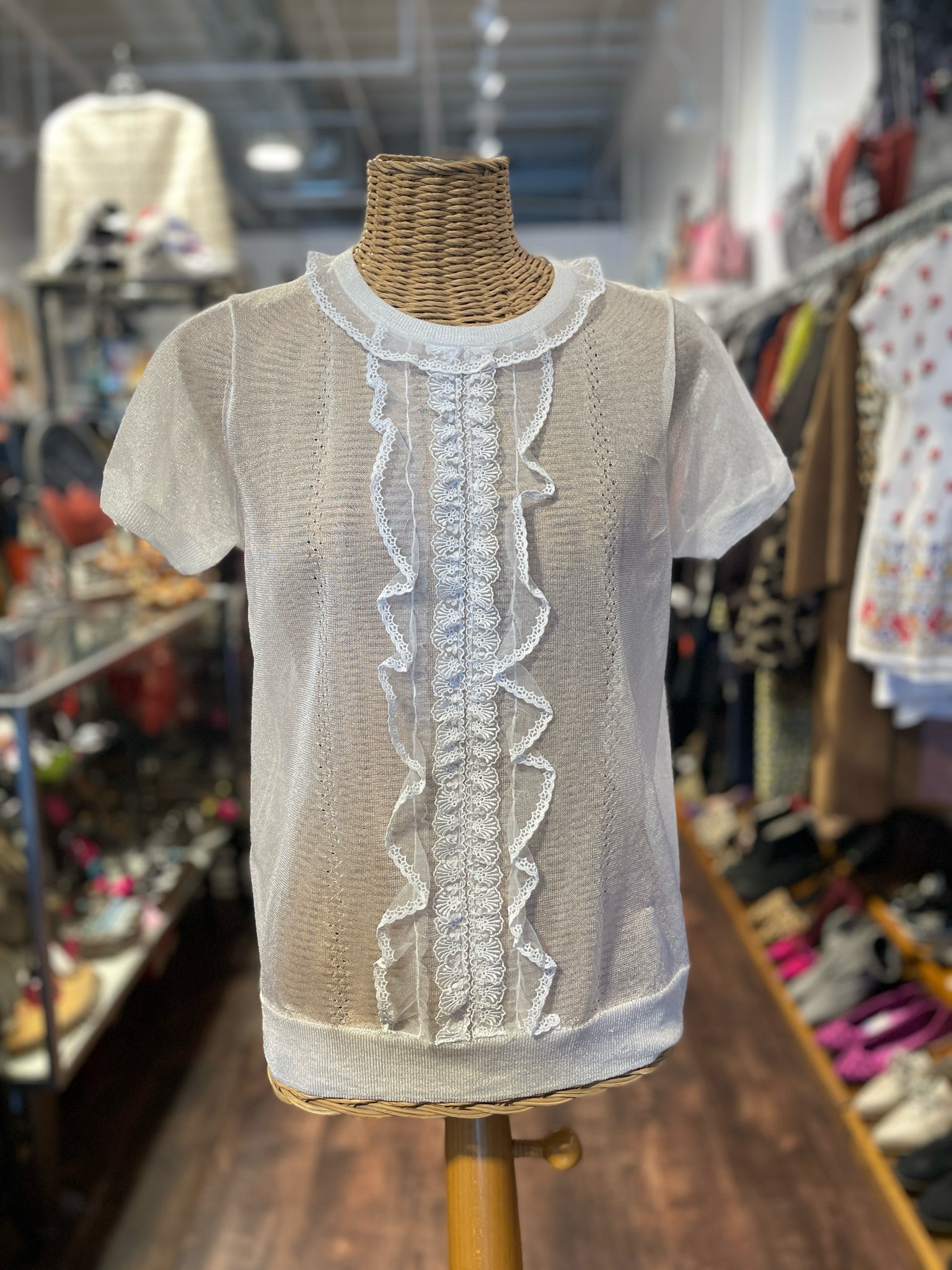 Coach White Nylon sheer Short sleeve lace Top, Size M