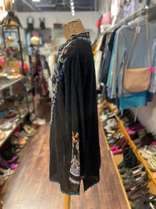 Johnny Was Black Rayon floral embroidery Longsleeve button Top, Size XL