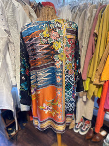 Johnny Was multicolor Silk Printed bell sleeve Dress, Size M