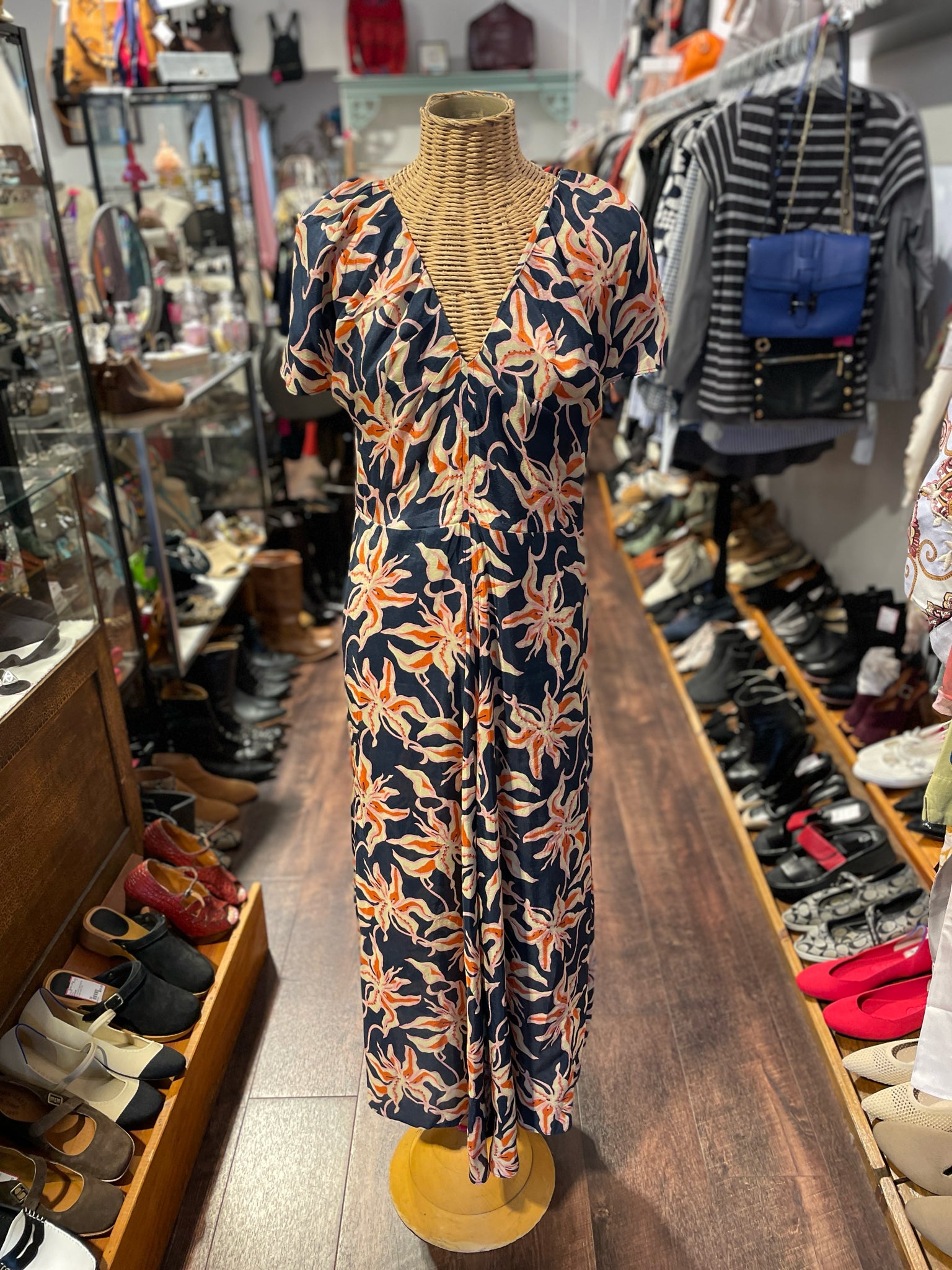 Apiece Apart Navy and orange Silk Floral shortsleeve Dress