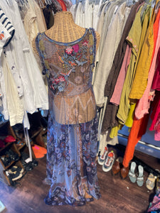 Johnny Was Blue Nylon Floral sheer maxi Dress & embroidery detail, Size M