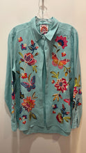 Load image into Gallery viewer, Johnny Was Light Blue Linen butterfly &amp; flowers embroidered button down longsleeve Top, Size M
