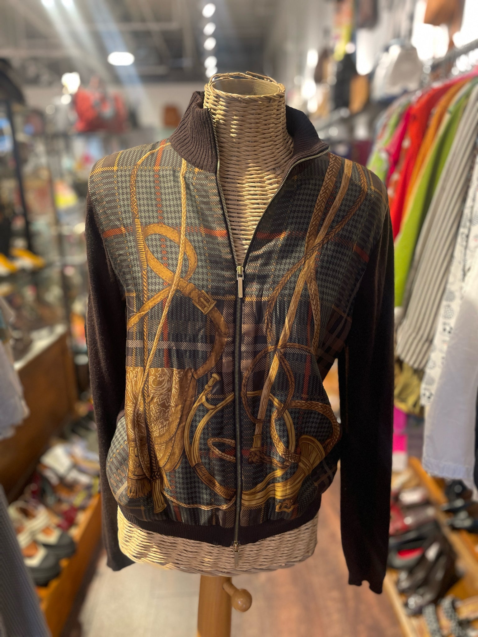 Lauren Ralph Lauren Brown & Green Silk Blend belts Print Longsleeve Zipper Sweater, Size M