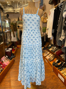 Oliphant White & Blue Cotton Print Maxi Dress, Size XS