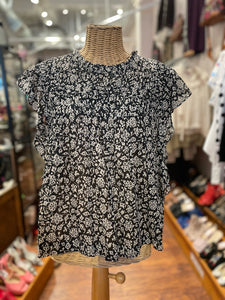 Etoile Isabel Marant Black & Beige Cotton Floral Pintucks Top, Size 40