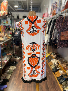 Figue White/Orange Viscose Floral tassels Dress, Size S