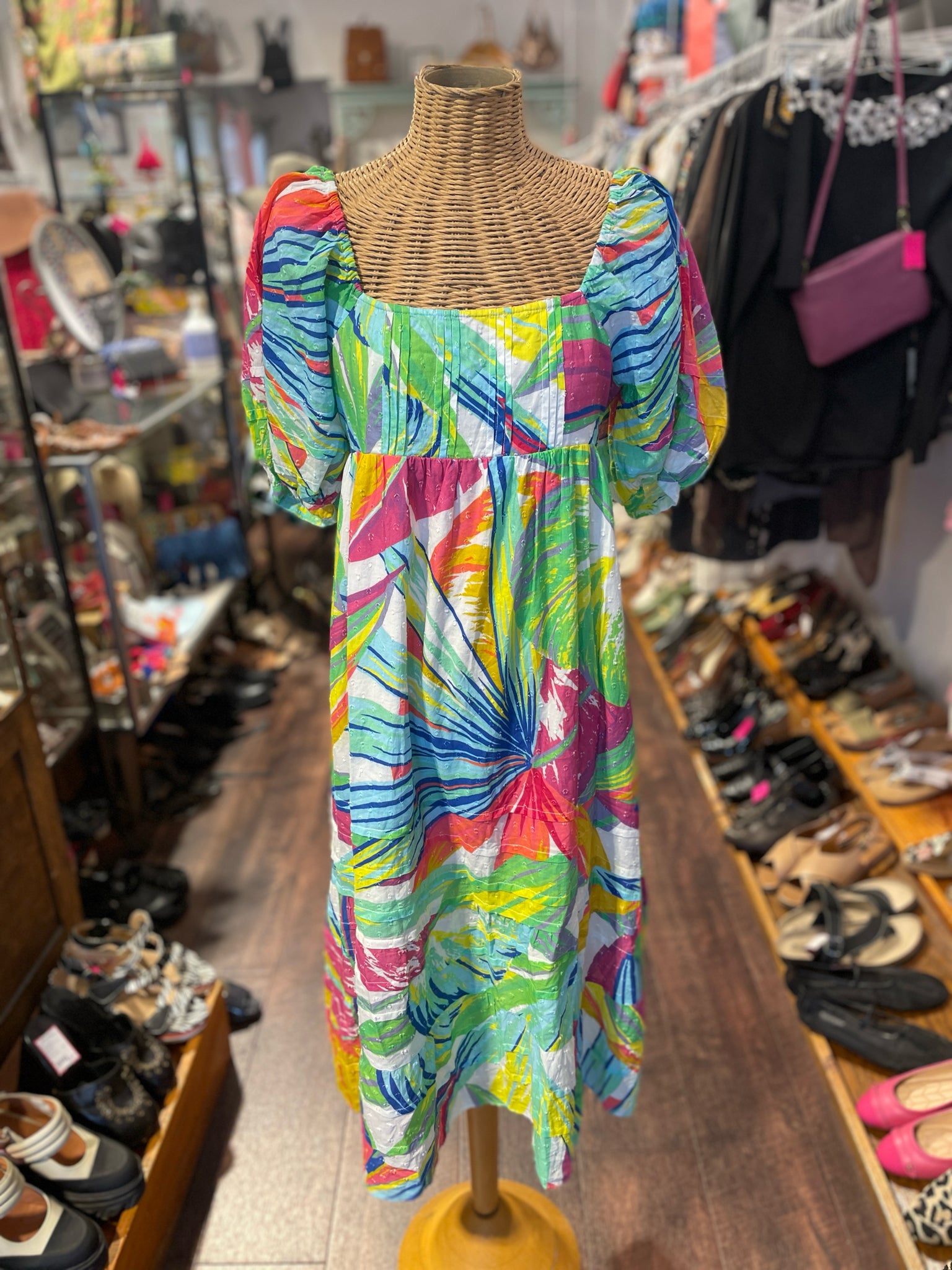 FARM Rio white & multi Cotton Abstract Puffy Sleeve maxi Dress, Size S