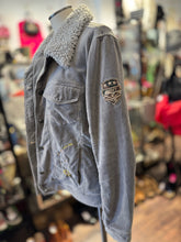 Load image into Gallery viewer, Marrakech Light Gray Velour applique fuzzy collar Jacket
