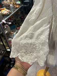 Johnny Was White Rayon & Silk Floral Lace Velvet long sleeve Dress, Size M