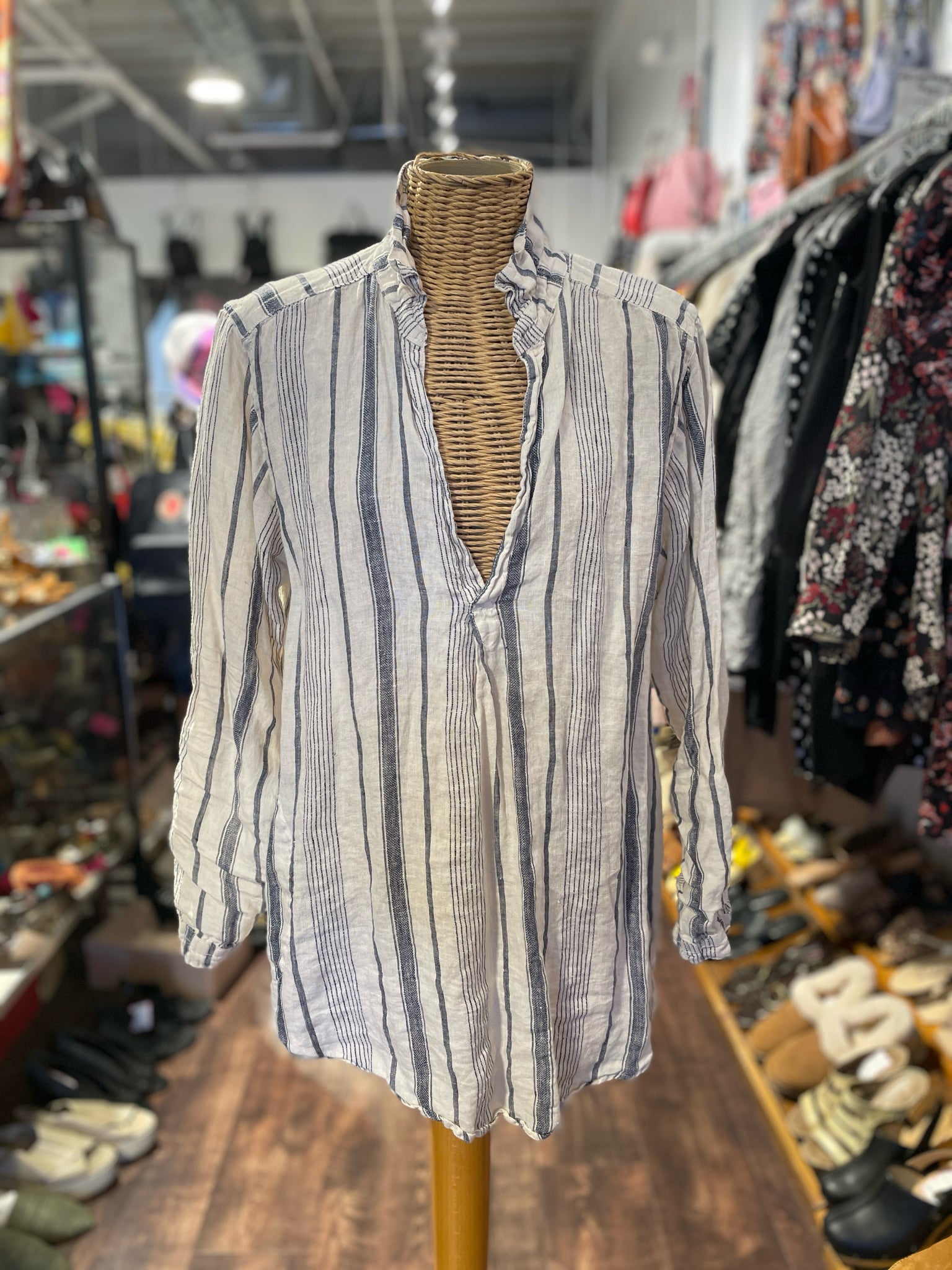 CP Shades beige & blue Linen Stripe Tunic style Top, Size M