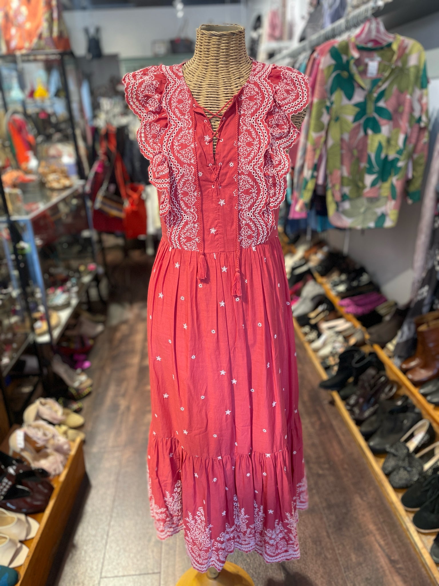 Ulla Johnson Red & white Cotton eyelet Tie front maxi Dress, Size 8