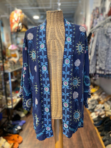 Johnny Was navy, green, pink Linen embroidery Kimono Layering Top, Size 1X