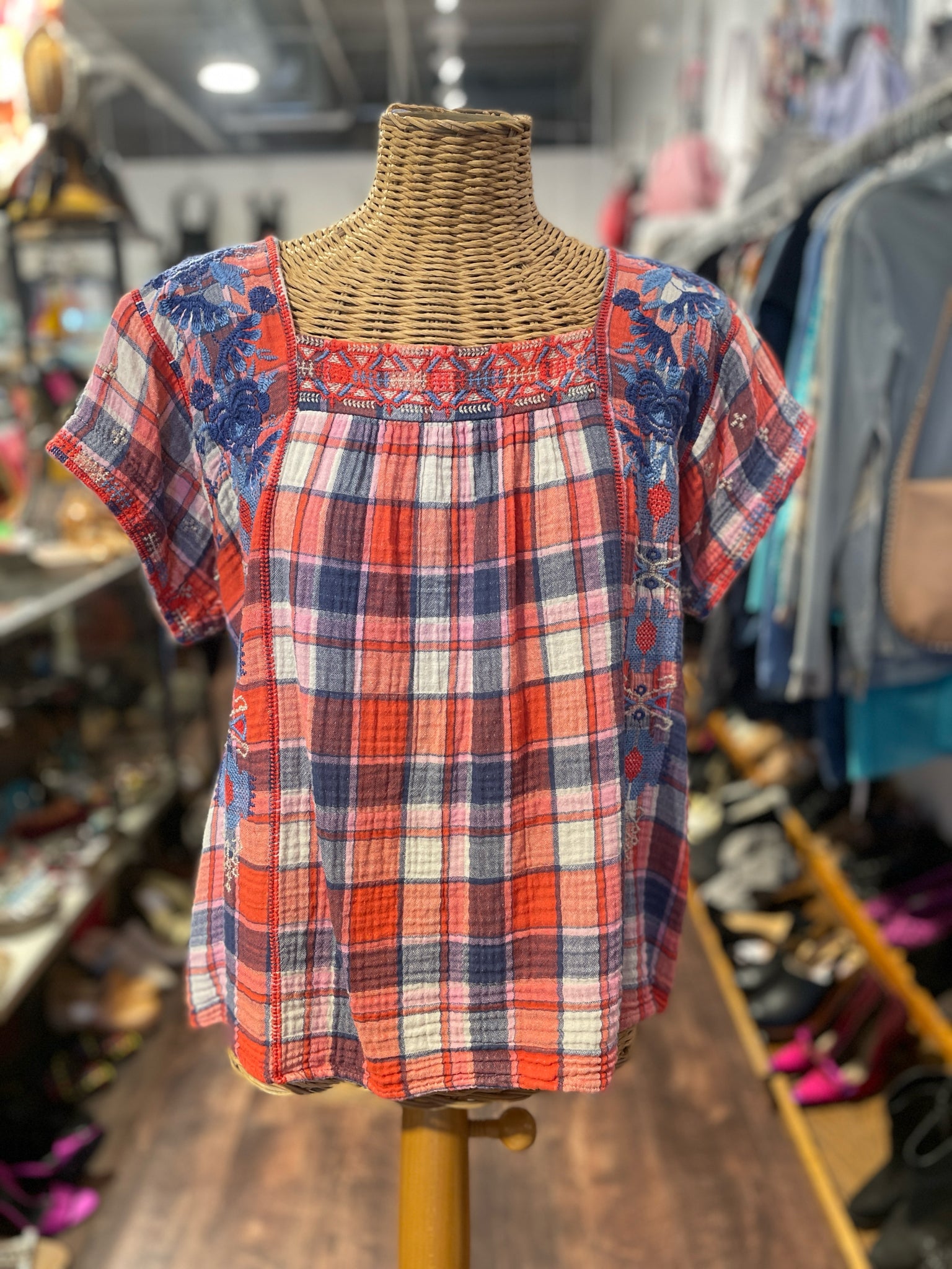 Johnny Was Workshop orange, blue, white Cotton Blend floral embroidery Top, Size L