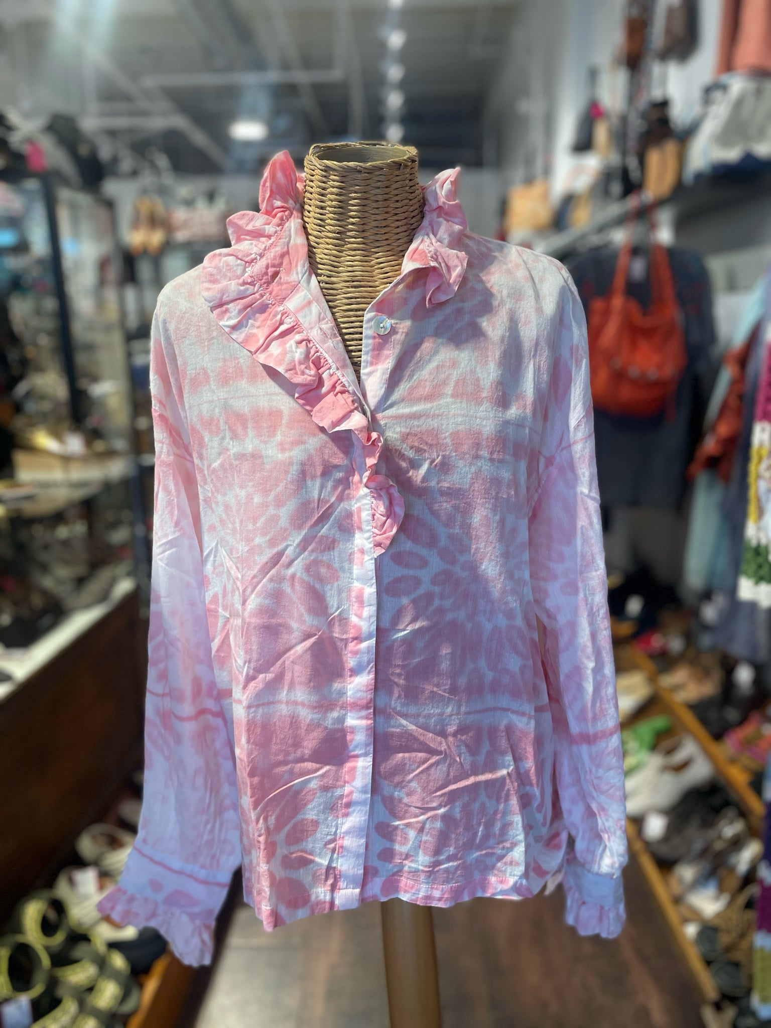 V.DE. Vinster. Pink & White Cotton Floral Ruffled collar Top, Size M