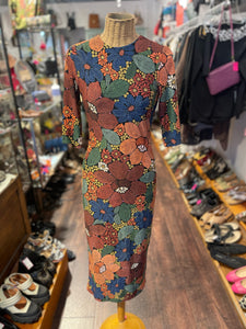 FARM Rio orange & blue Blend Floral fitted 3/4 sleeve Dress, Size S