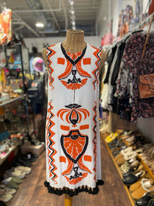 Figue White/Orange Viscose Floral tassels Dress, Size S