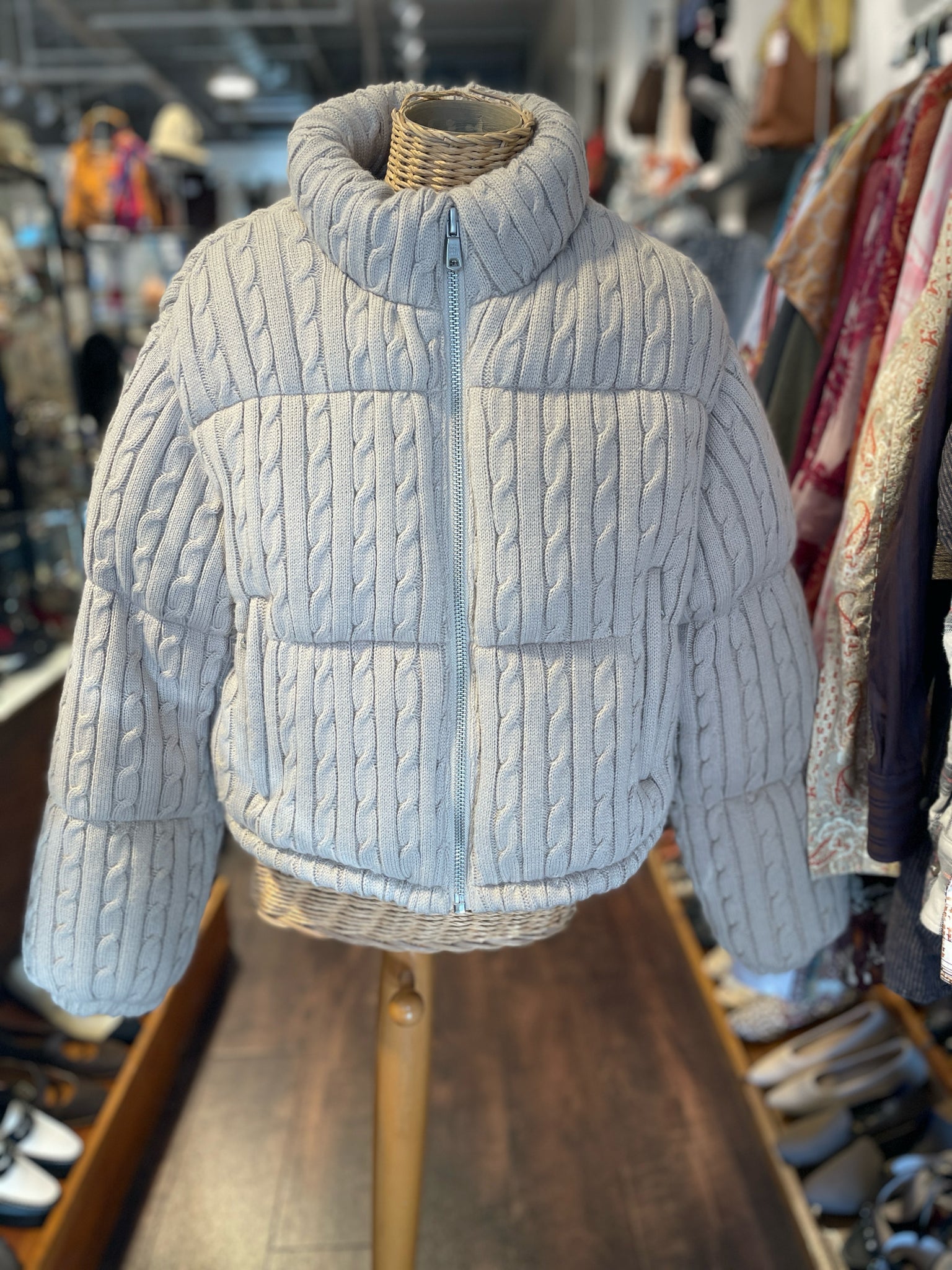 Avec Les Filles Beige Poly Cable Knit Puffer Jacket, Size M