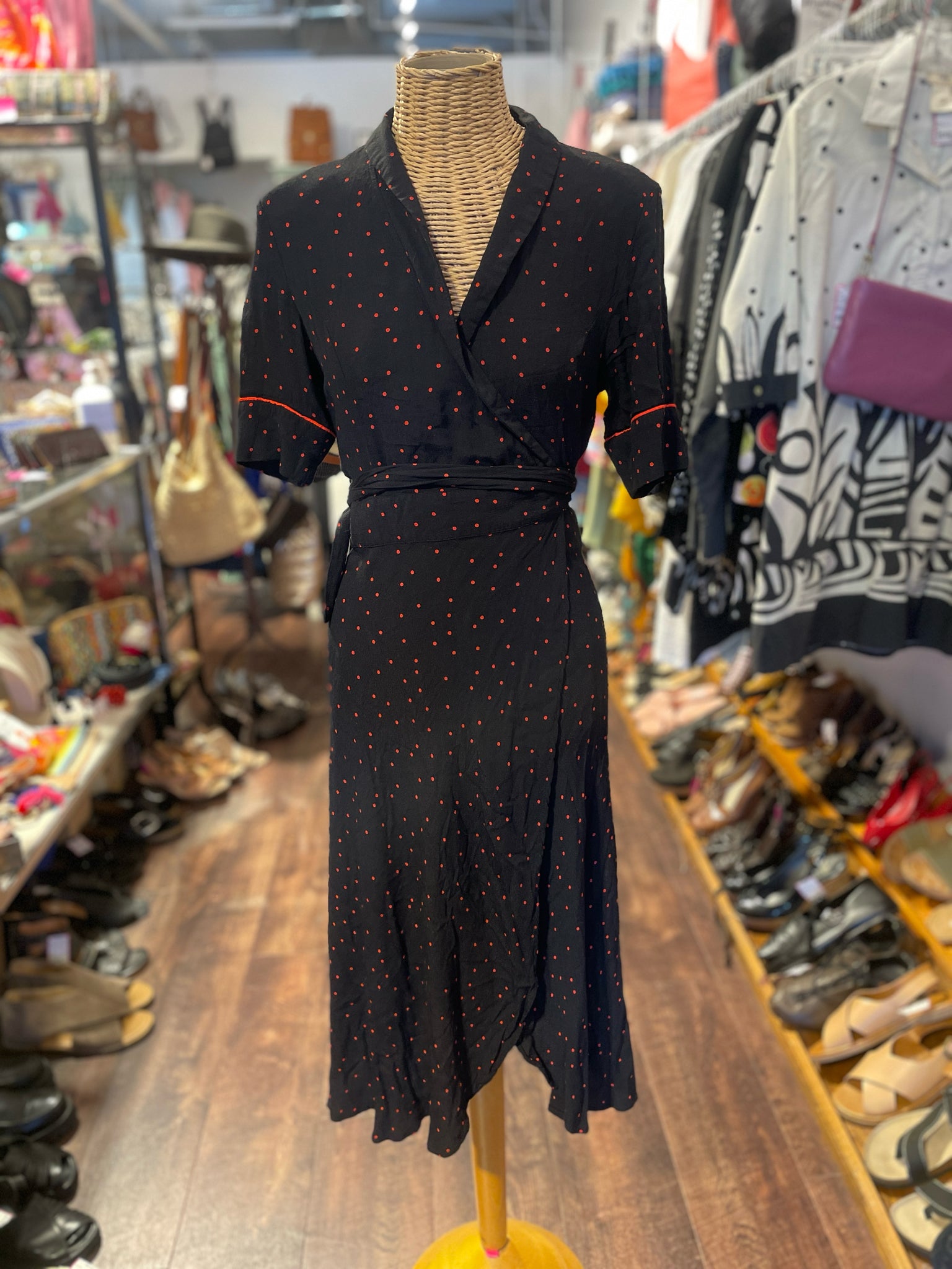 Ganni Black & Red Viscose Polka Dot Dress, Size 36