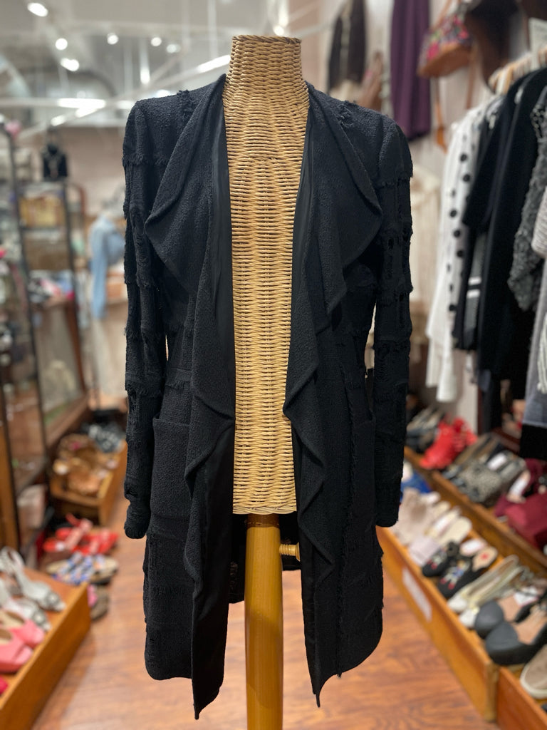 St. John Couture Black Fringe Details Open Front Knit Jacket, Size 8
