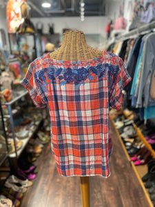 Johnny Was Workshop orange, blue, white Cotton Blend floral embroidery Top, Size L