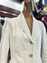 Load image into Gallery viewer, Hannoh Wessel White &amp; light blue Cotton Blend Pinstripe Trench W/Ribbon Jacket, Size 40
