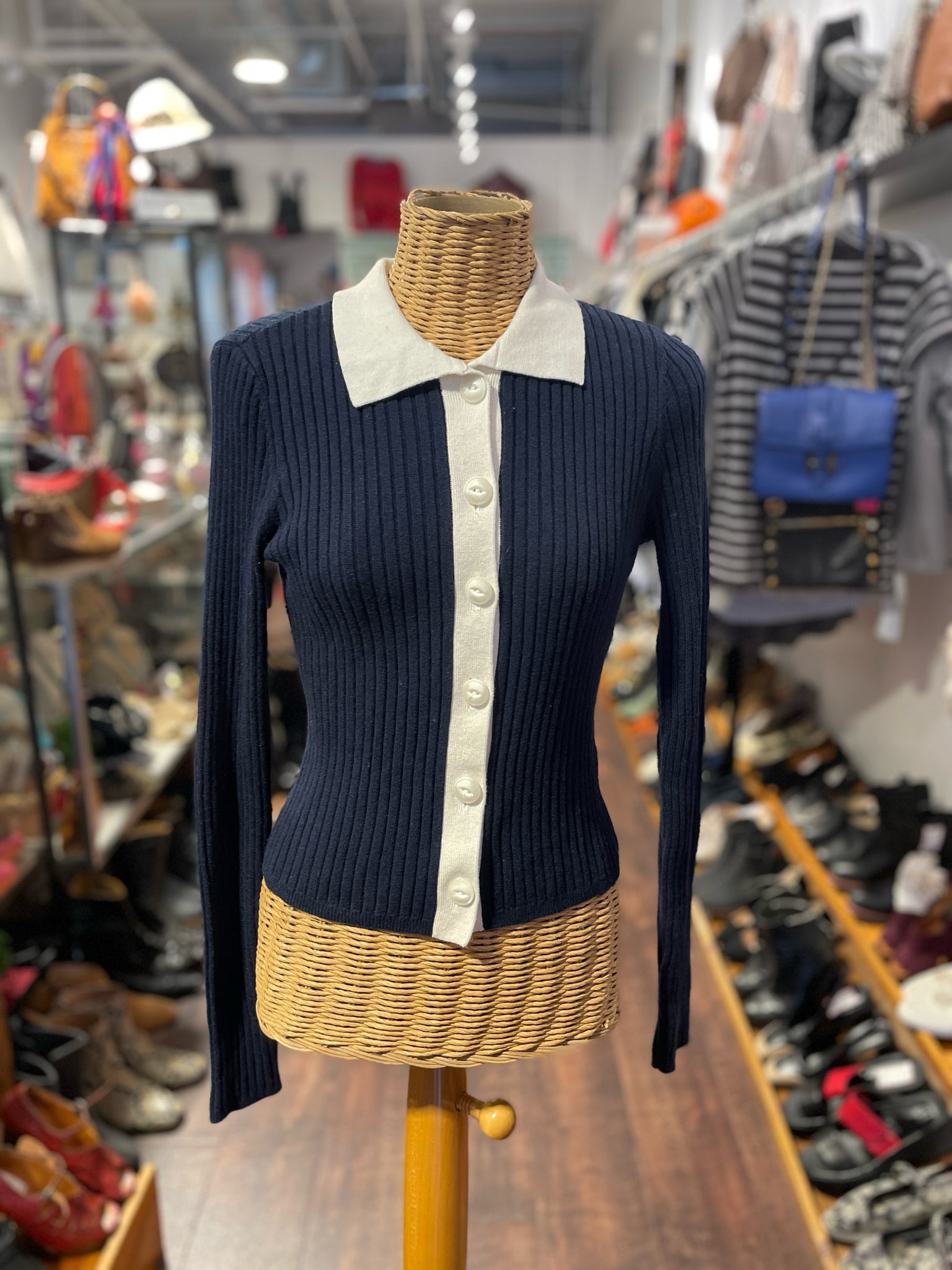 Rag & Bone navy & white Cotton & Cashmere Button Up Long sleeve Top, Size S