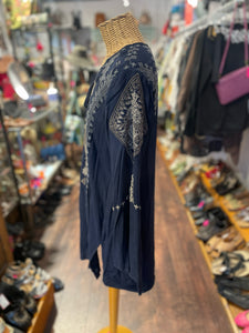 Biya Johnny Was Blue Rayon Floral Longsleeve embroidered Top, Size M