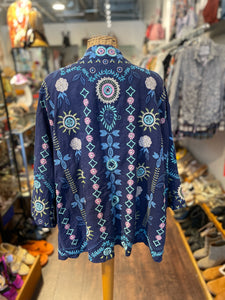 Johnny Was navy, green, pink Linen embroidery Kimono Layering Top, Size 1X