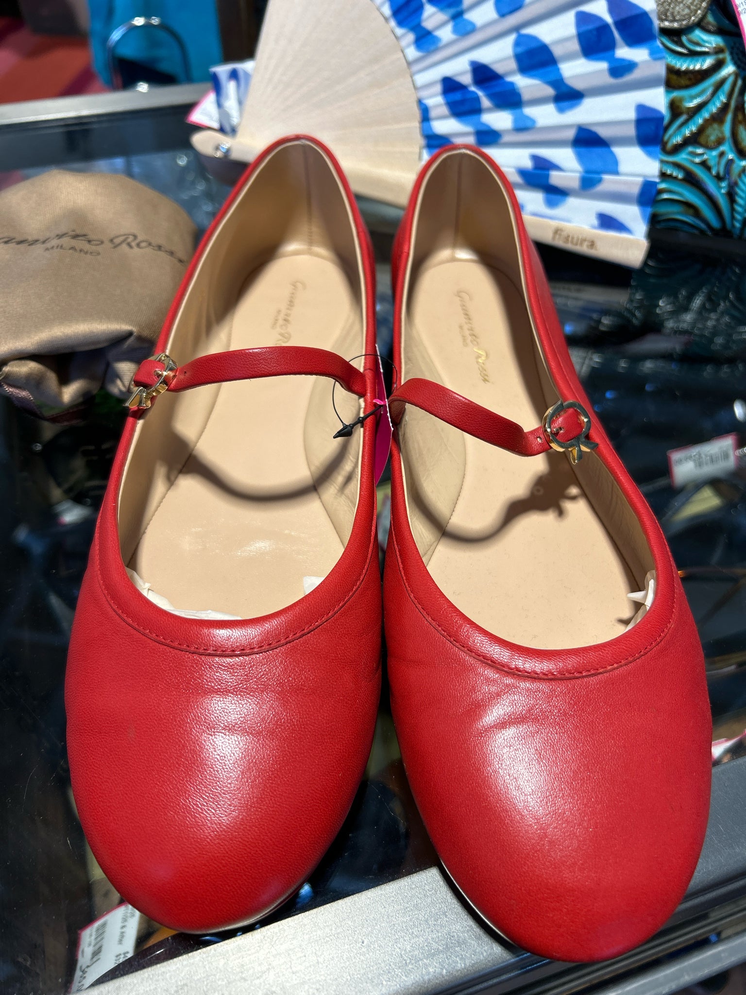 Gianvito Rossi Red Leather Flat W/gold Buckle Shoe, Size 42