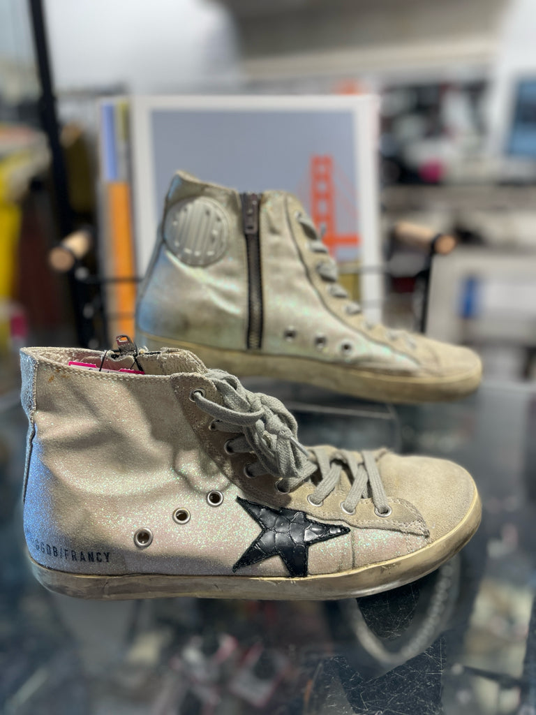 Golden Goose Beige & Black Star Leather high top Sneaker, Gently Worn,Size 38