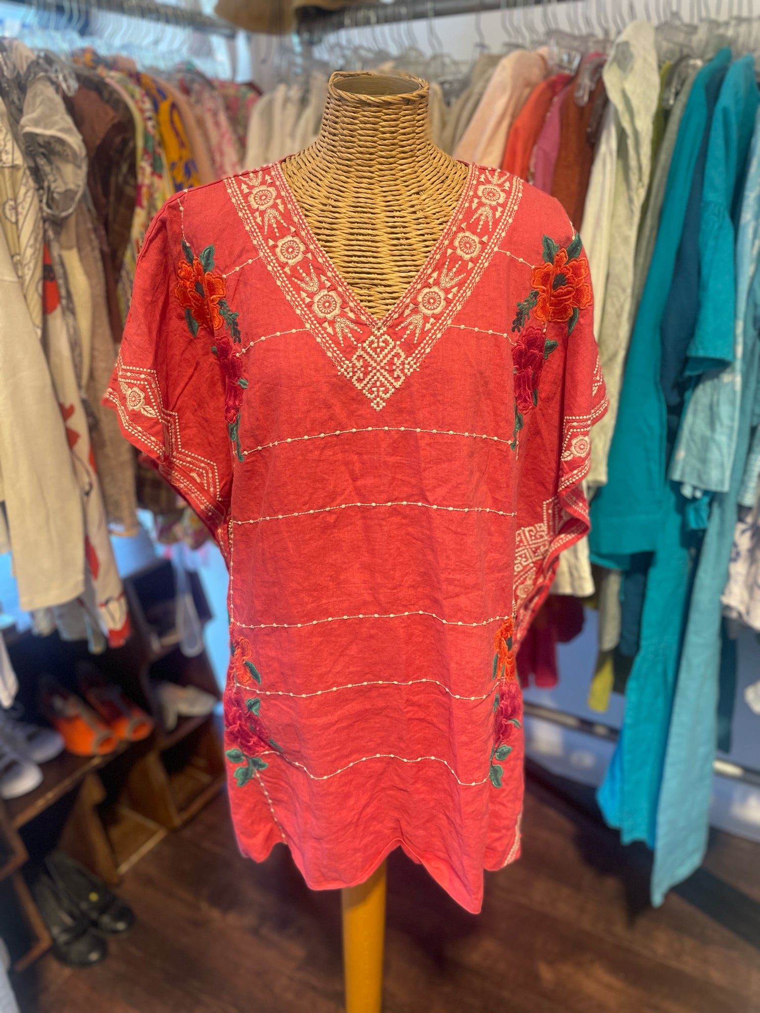 Johnny Was Red Linen Floral Tunic style Top, Size S