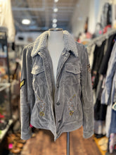 Load image into Gallery viewer, Marrakech Light Gray Velour applique fuzzy collar Jacket
