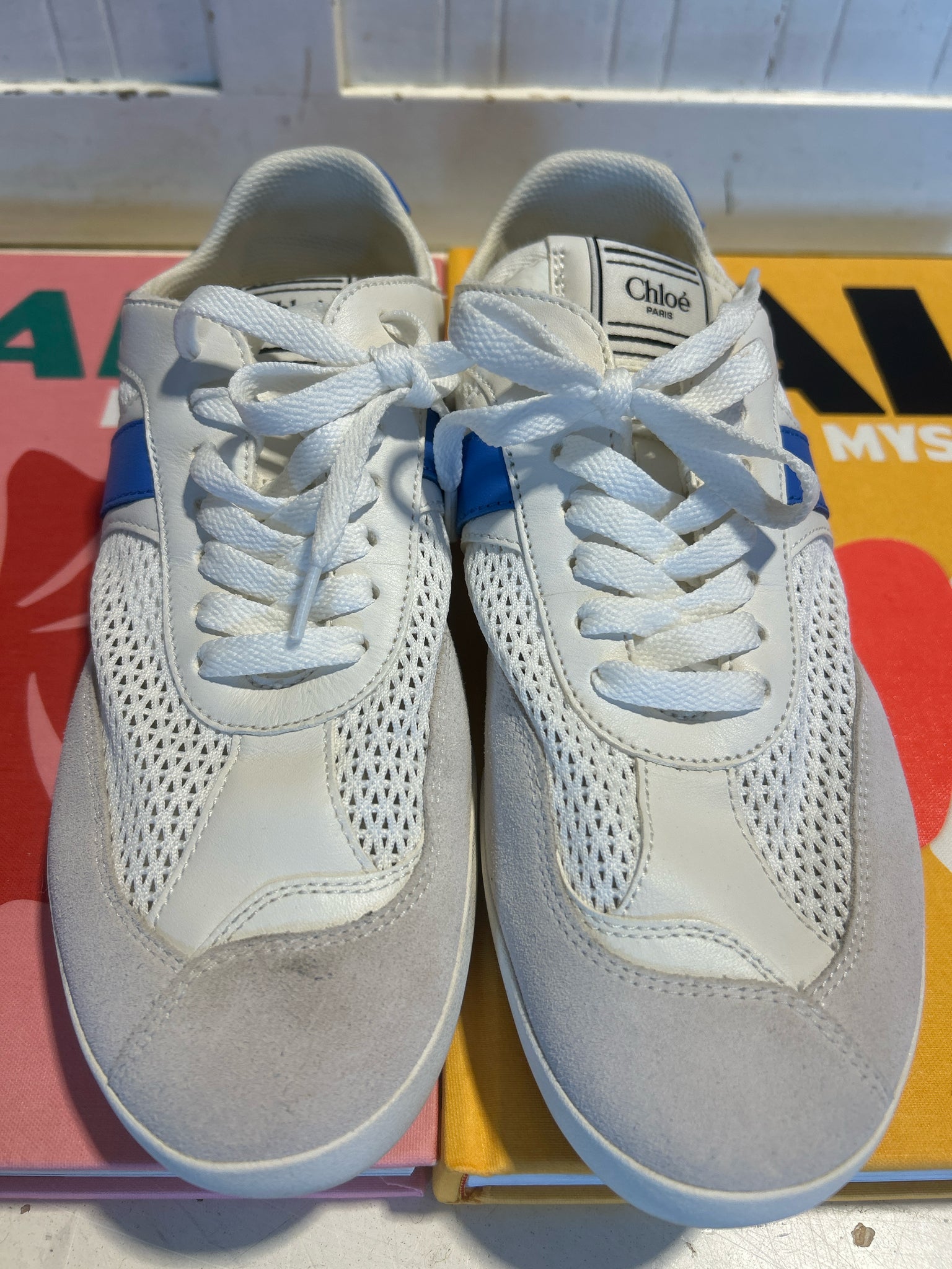 CHLOE White + blue  Suede detail Gently worn Sneaker, Size 39